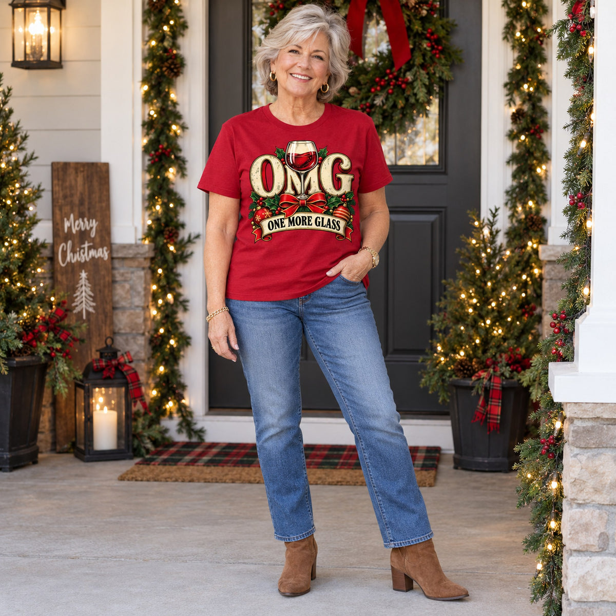 OMG One More Glass T-shirt in Cardinal Red, full length, worn by Karen. Karen is 5′5″ and wears her usual size L. [bb c=cardinal-red r=fit]