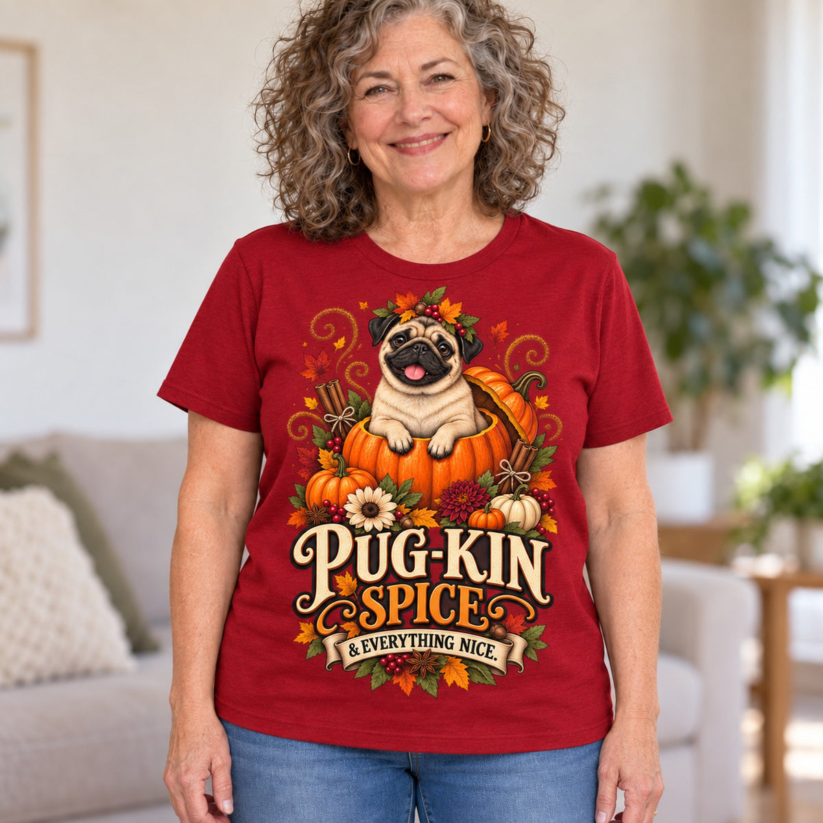 Pug-Kin Spice T-shirt in Cardinal Red, worn by Janet. Janet is 5′6″ and wears her usual size L. [bb c=cardinal-red r=hero]