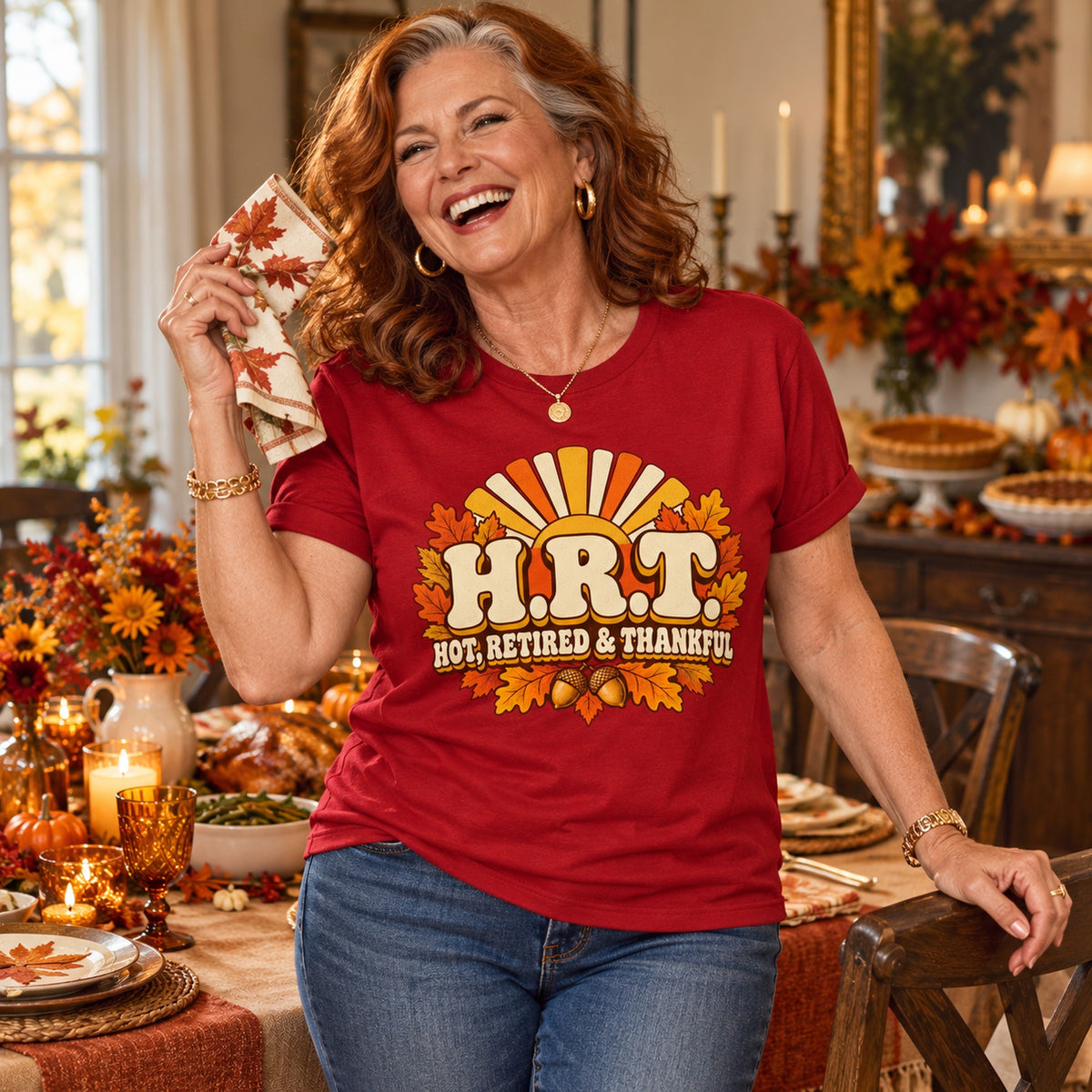 H.R.T. Hot, Retired & Thankful T-shirt in Cardinal Red, worn by Patricia. Patricia is 5′5″ and wears her usual size L. [bb c=cardinal-red r=hero]