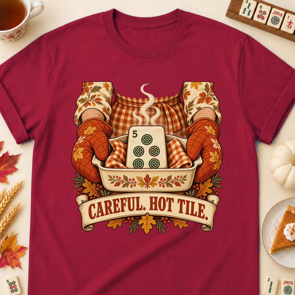 Hot Tile mahjong T-shirt in Cardinal Red, laid flat. [bb c=cardinal-red r=flat]