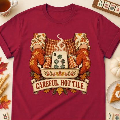 Hot Tile mahjong T-shirt in Cardinal Red, laid flat. [bb c=cardinal-red r=flat]