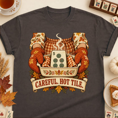 Hot Tile mahjong T-shirt in Dark Chocolate, laid flat. [bb c=dark-chocolate r=flat]