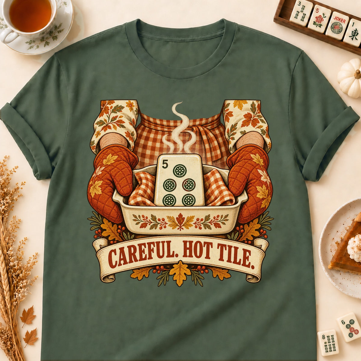 Hot Tile mahjong T-shirt in Military Green, laid flat. [bb c=military-green r=flat]