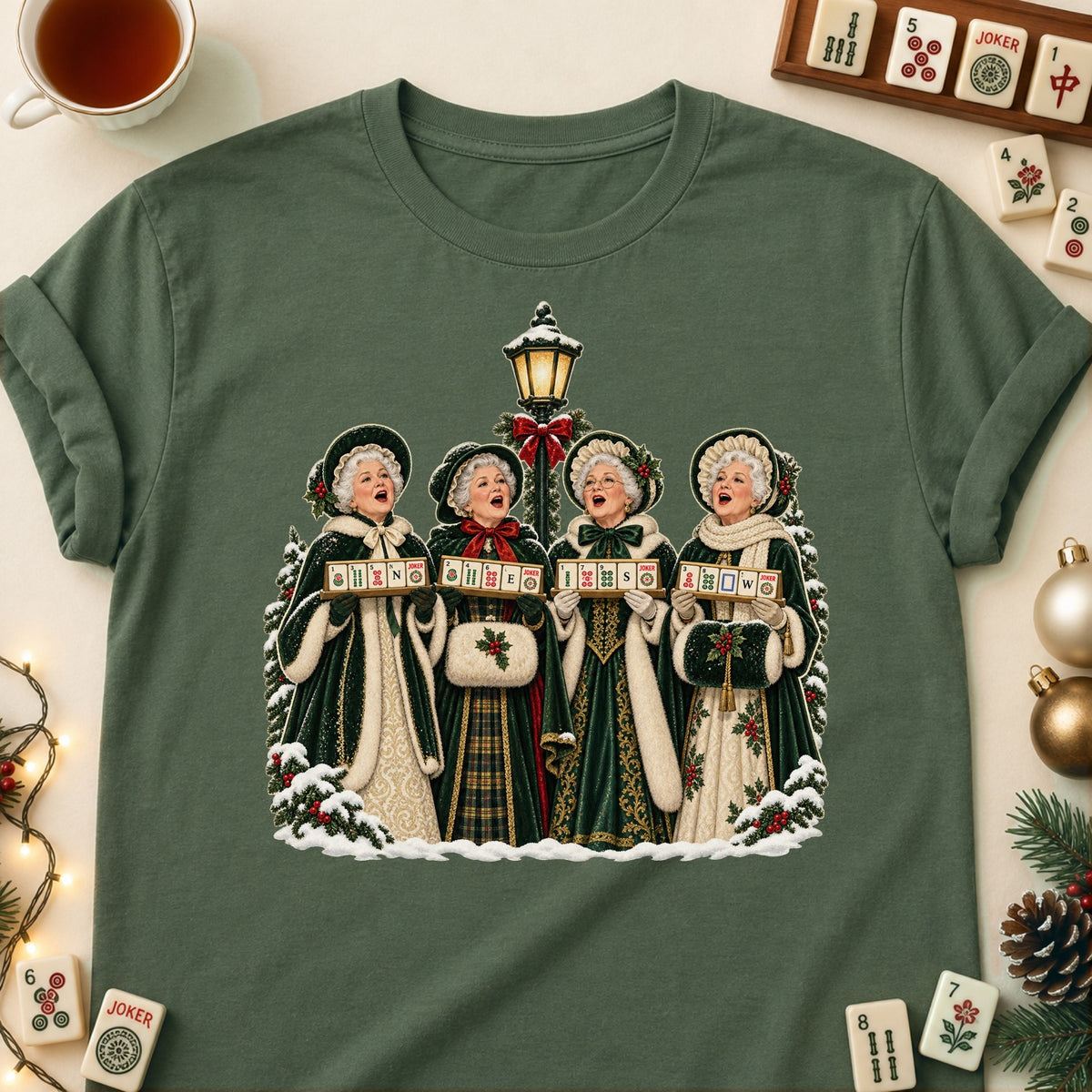 Mahjong carolers T-shirt in Military Green, laid flat. [bb c=military-green r=flat]