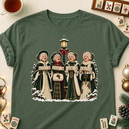 Mahjong carolers T-shirt in Military Green, laid flat. [bb c=military-green r=flat]