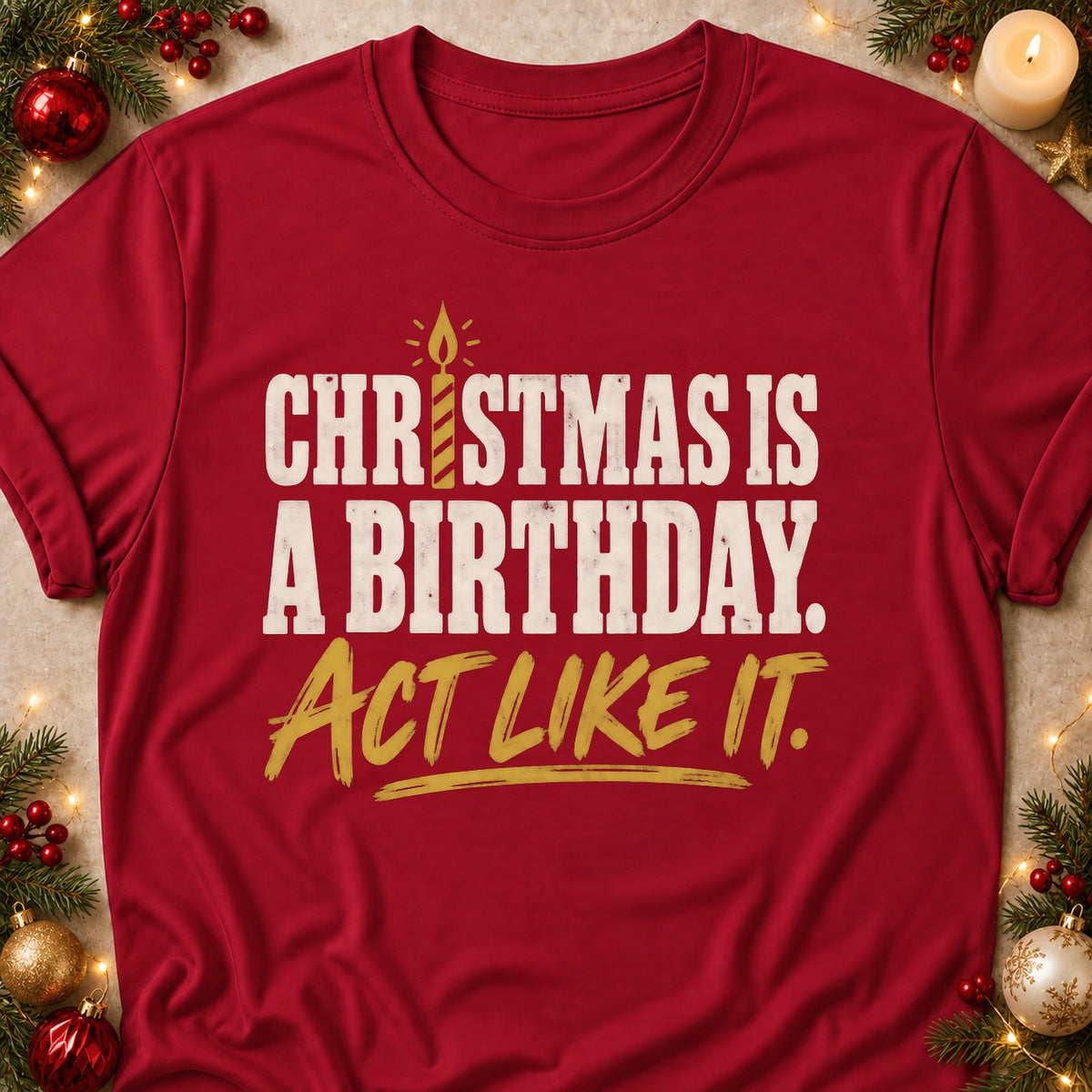 Christmas Is A Birthday faith T-shirt in Cardinal Red, laid flat. [bb c=cardinal-red r=flat]
