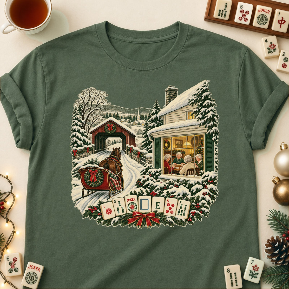 Christmas village mahjong T-shirt in Military Green, laid flat. [bb c=military-green r=flat]