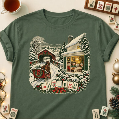 Christmas village mahjong T-shirt in Military Green, laid flat. [bb c=military-green r=flat]