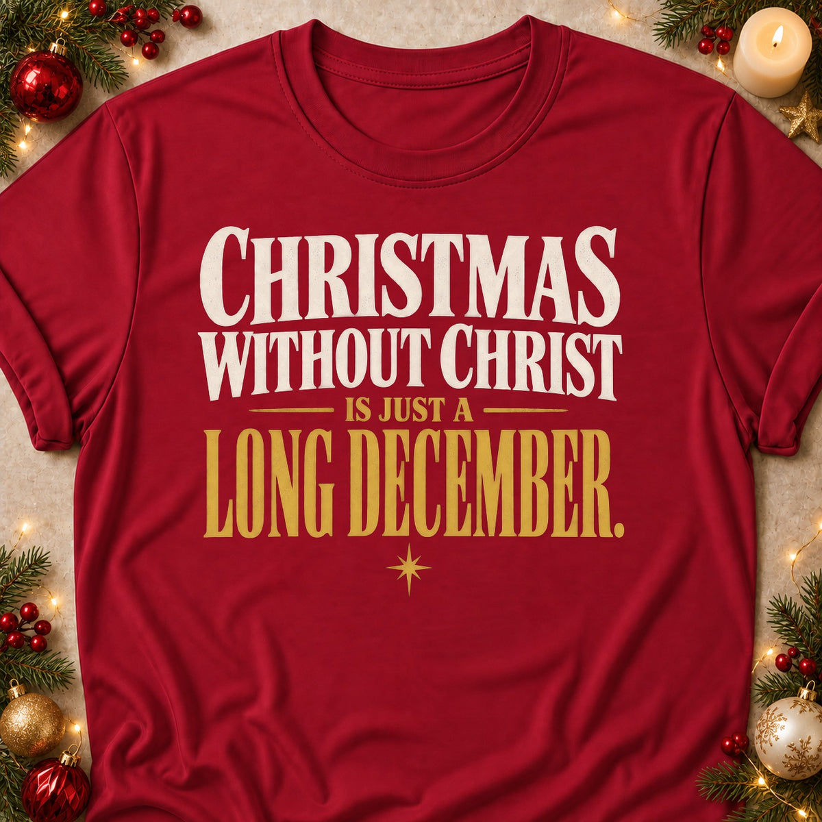 Just A Long December faith T-shirt in Cardinal Red, laid flat. [bb c=cardinal-red r=flat]