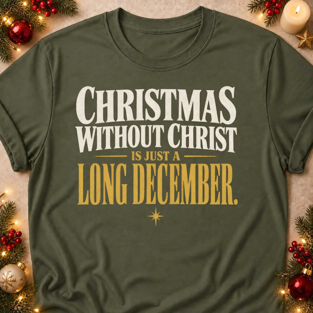 Just A Long December faith T-shirt in Military Green, laid flat. [bb c=military-green r=flat]