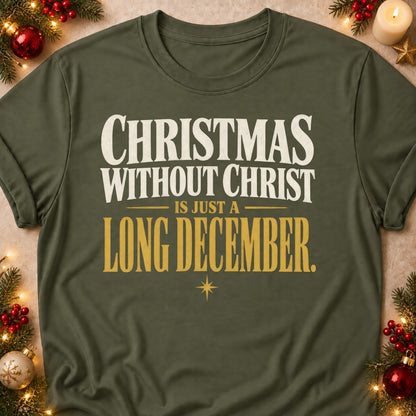 Just A Long December faith T-shirt in Military Green, laid flat. [bb c=military-green r=flat]