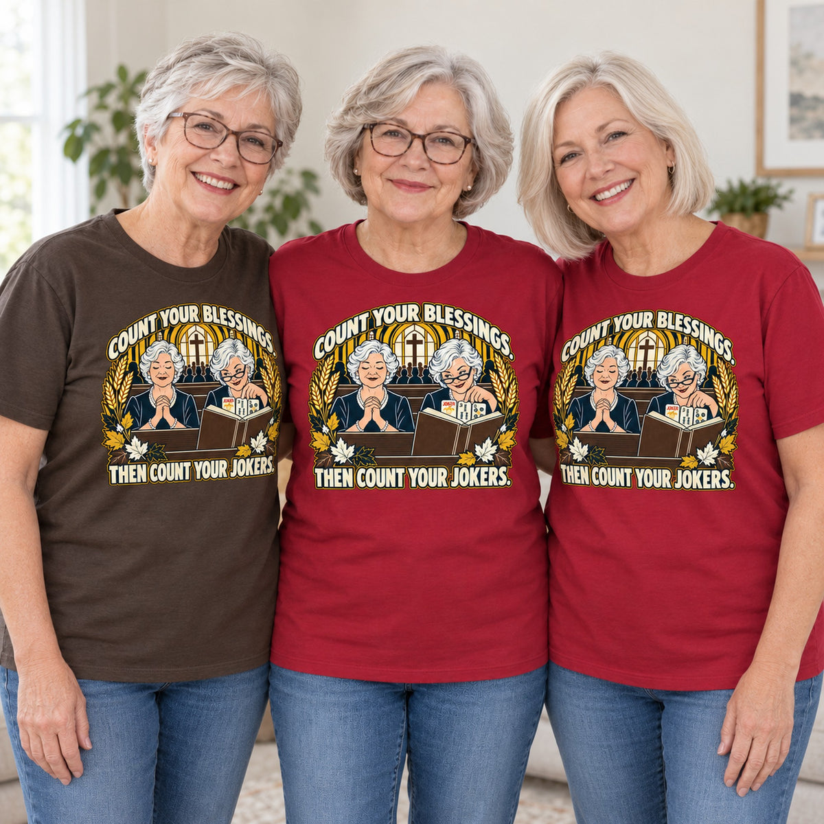 Count Your Blessings mahjong T-shirt worn by three friends. Friends are wearing M, L and XL. [bb c=all r=friends]