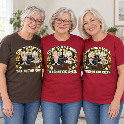 Count Your Blessings mahjong T-shirt worn by three friends. Friends are wearing M, L and XL. [bb c=all r=friends]