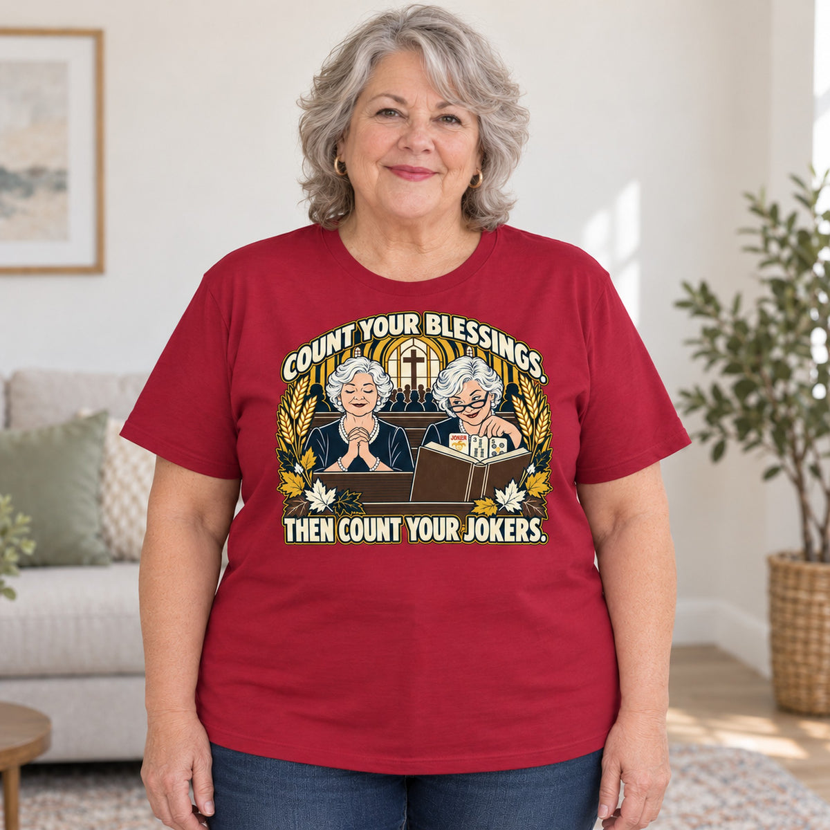 Count Your Blessings mahjong T-shirt in Cardinal Red, worn by Debra. Debra is 5′4″ and wears her usual size 2XL. [bb c=cardinal-red r=body2]