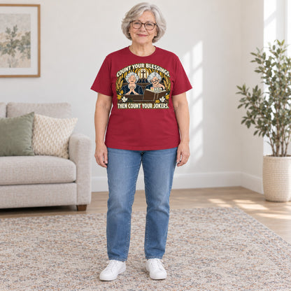 Count Your Blessings mahjong T-shirt in Cardinal Red, full length, worn by Nancy. Nancy is 5′5″ and wears her usual size L. [bb c=cardinal-red r=fit]
