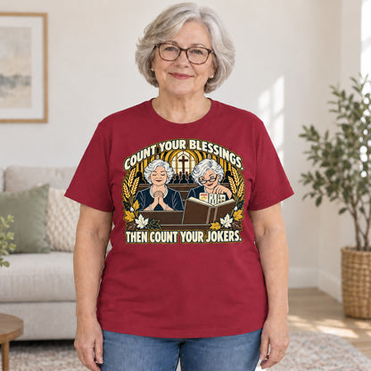 Count Your Blessings mahjong T-shirt in Cardinal Red, worn by Nancy. Nancy is 5′5″ and wears her usual size L. [bb c=cardinal-red r=hero]