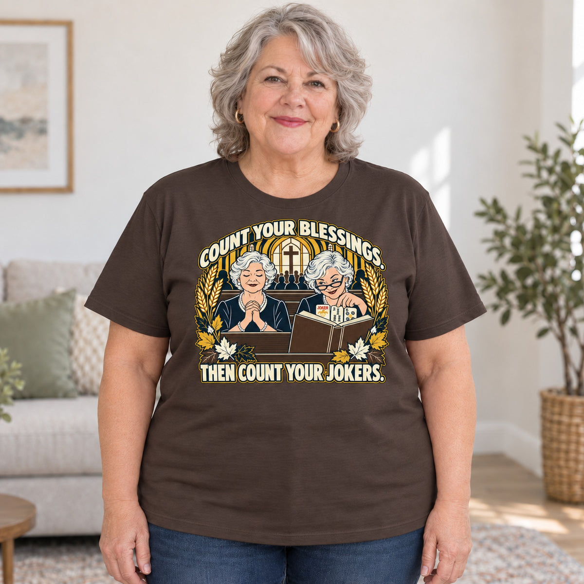 Count Your Blessings mahjong T-shirt in Dark Chocolate, worn by Debra. Debra is 5′4″ and wears her usual size 2XL. [bb c=dark-chocolate r=body2]