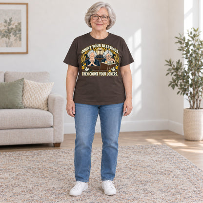 Count Your Blessings mahjong T-shirt in Dark Chocolate, full length, worn by Nancy. Nancy is 5′5″ and wears her usual size L. [bb c=dark-chocolate r=fit]