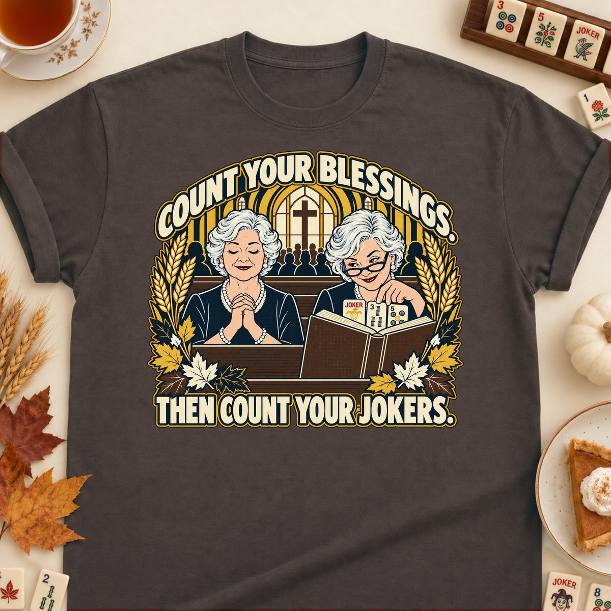 Count Your Blessings mahjong T-shirt in Dark Chocolate, laid flat. [bb c=dark-chocolate r=flat]