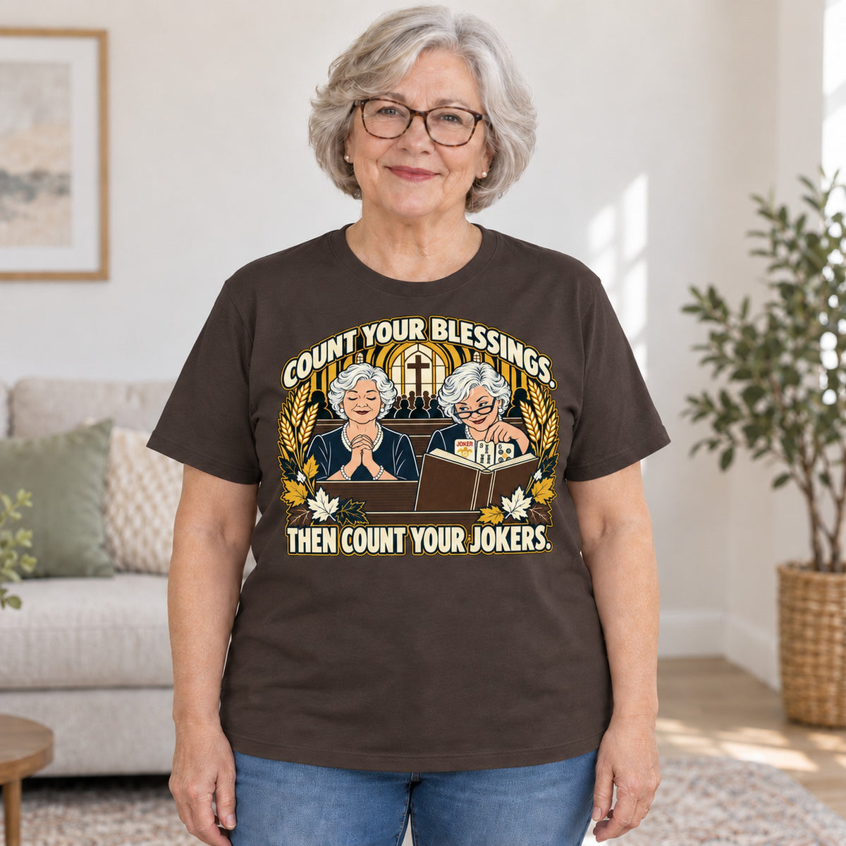 Count Your Blessings mahjong T-shirt in Dark Chocolate, worn by Nancy. Nancy is 5′5″ and wears her usual size L. [bb c=dark-chocolate r=hero]