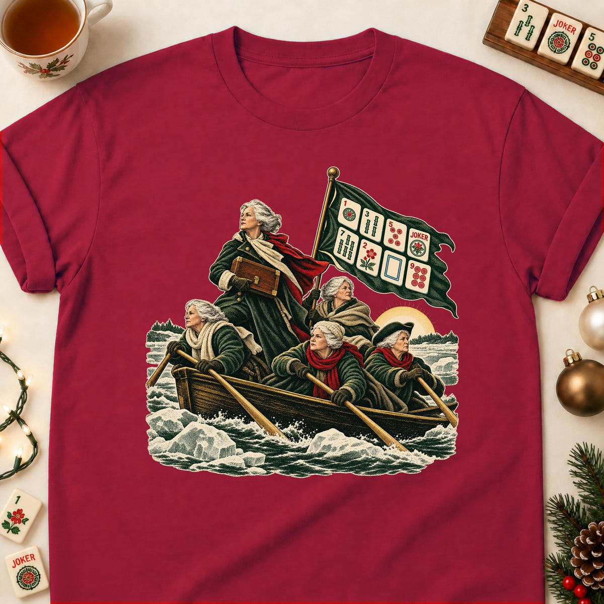 Crossing To Mahj mahjong T-shirt in Cardinal Red, laid flat. [bb c=cardinal-red r=flat]