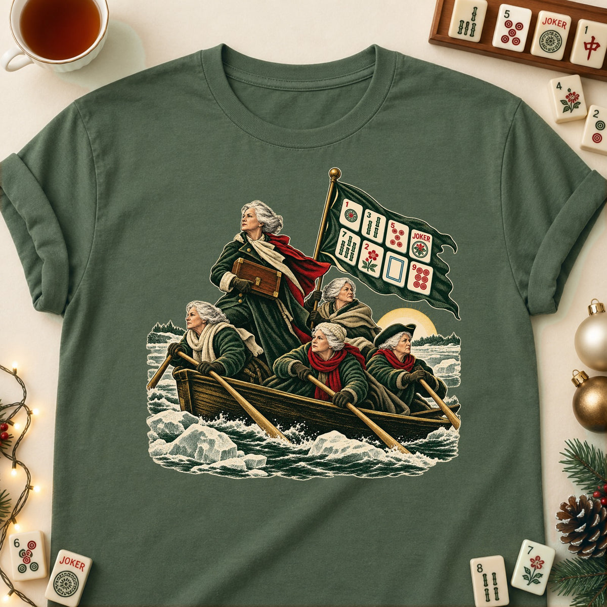 Crossing To Mahj mahjong T-shirt in Military Green, laid flat. [bb c=military-green r=flat]