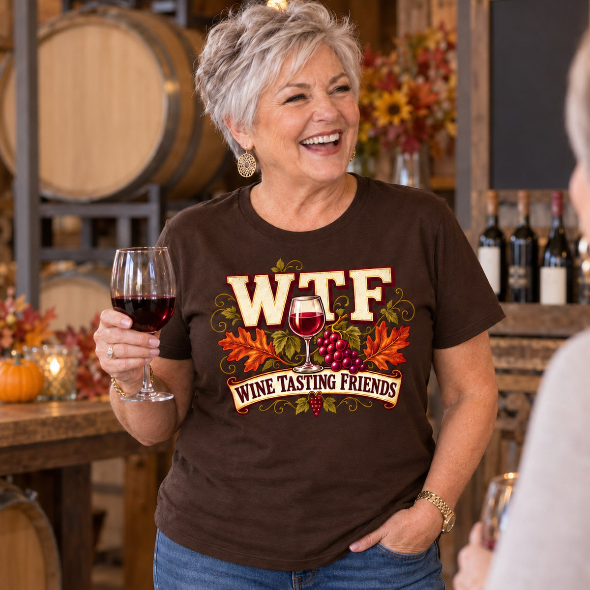 WTF Wine Tasting Friends T-shirt in Dark Chocolate, worn by Carol. Carol is 5′5″ and wears her usual size 2XL. [bb c=dark-chocolate r=body2]