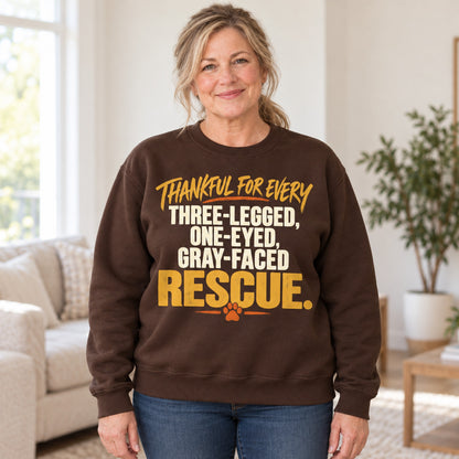 Thankful For Every Rescue sweatshirt in Dark Chocolate, worn by Pam. Pam is 5′3″ and wears her usual size 2XL. [bb c=dark-chocolate r=body2]
