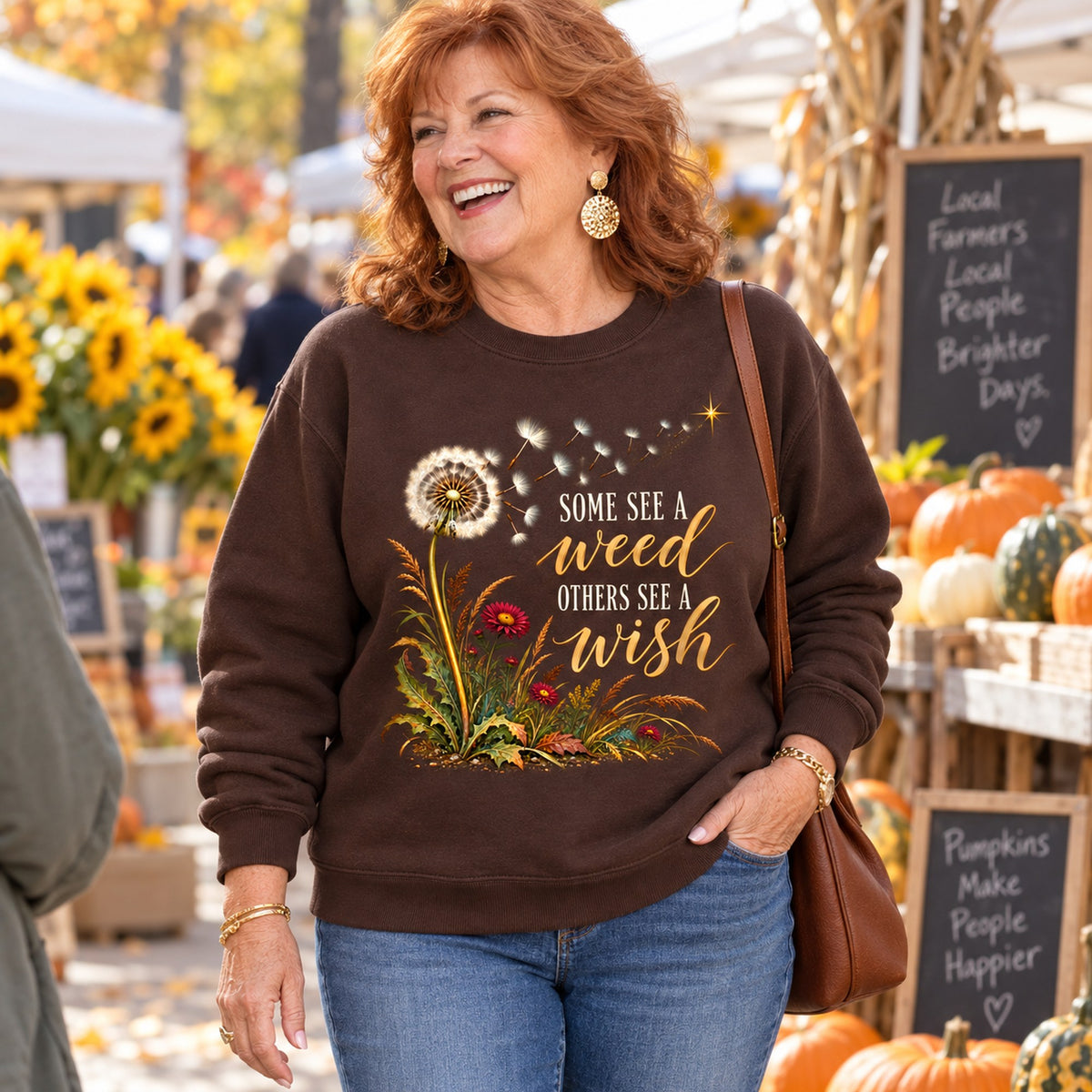 Some See A Weed sweatshirt in Dark Chocolate, worn by Terri. Terri is 5′6″ and wears her usual size 2XL. [bb c=dark-chocolate r=body2]