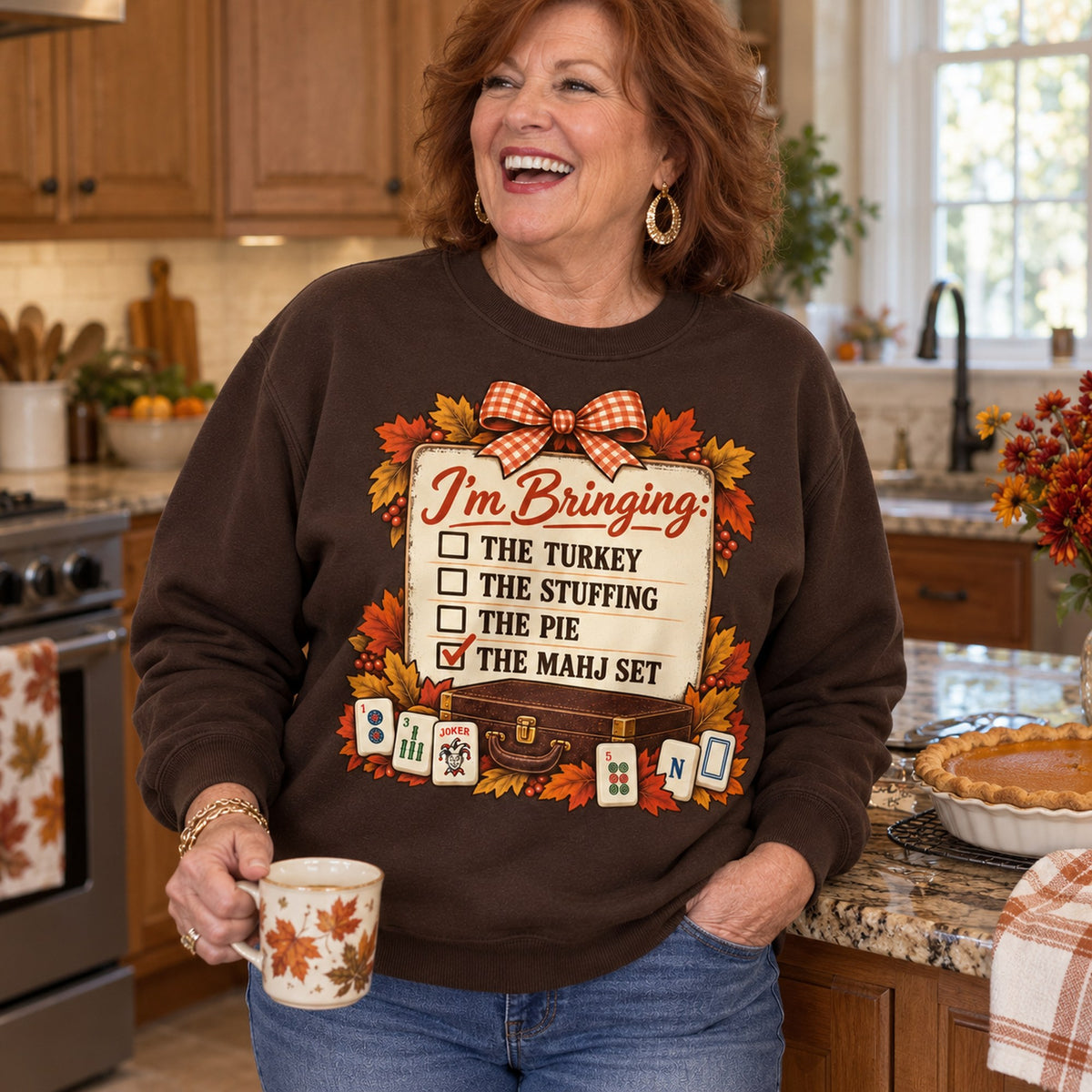 I'm Bringing The Mahj Set sweatshirt in Dark Chocolate, worn by Rita. Rita is 5′3″ and wears her usual size 2XL. [bb c=dark-chocolate r=body2]