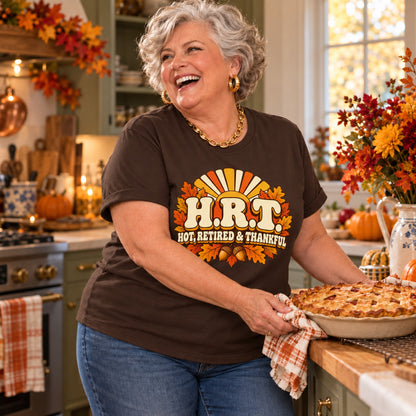 H.R.T. Hot, Retired & Thankful T-shirt in Dark Chocolate, worn by Rhonda. Rhonda is 5′4″ and wears her usual size 2XL. [bb c=dark-chocolate r=body2]