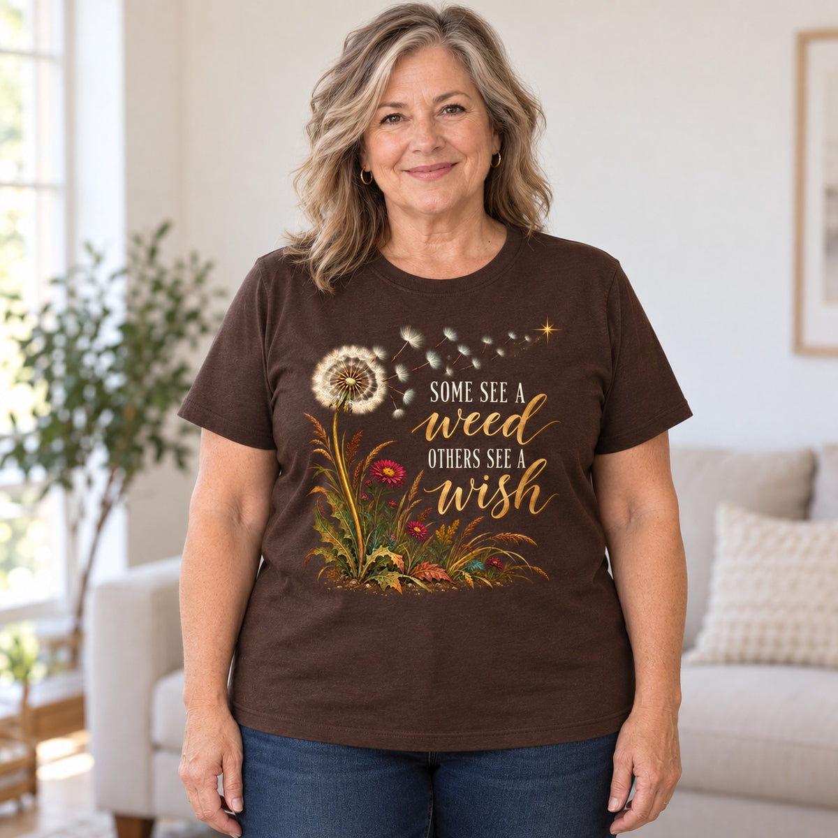 Some See A Weed T-shirt in Dark Chocolate, worn by Debra. Debra is 5′4″ and wears her usual size 2XL. [bb c=dark-chocolate r=body2]