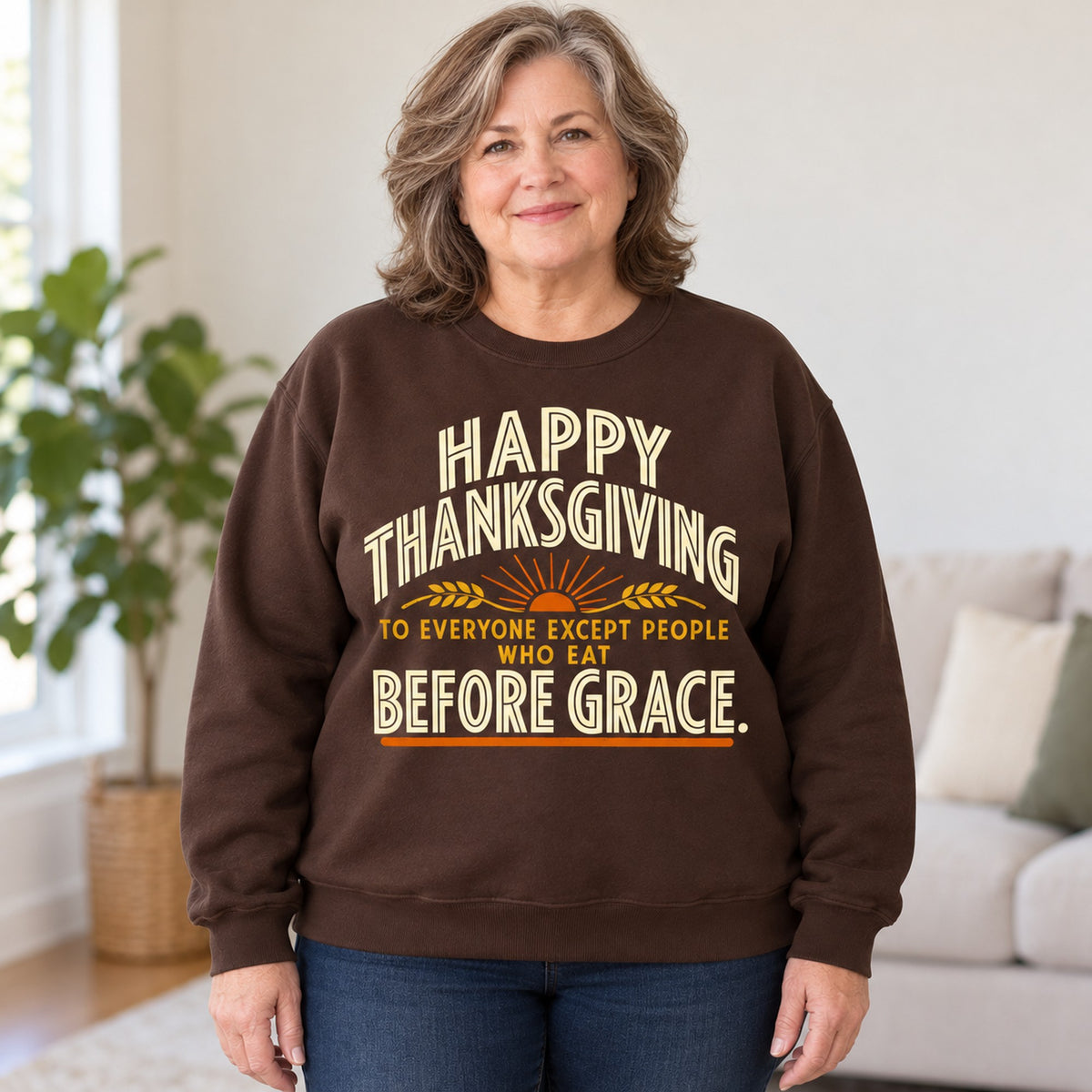 Happy Thanksgiving Before Grace sweatshirt in Dark Chocolate, worn by Gail. Gail is 5′4″ and wears her usual size 2XL. [bb c=dark-chocolate r=body2]