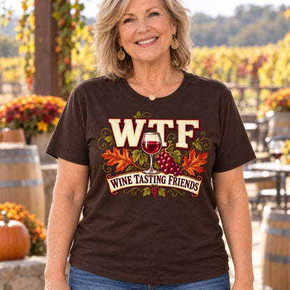 WTF Wine Tasting Friends T-shirt in Dark Chocolate, close-up of the print, worn by Susan. Susan is 5′4″ and wears her usual size L. [bb c=dark-chocolate r=close]