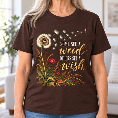 Some See A Weed T-shirt in Dark Chocolate, close-up of the print, worn by Nancy. Nancy is 5′7″ and wears her usual size M. [bb c=dark-chocolate r=close]