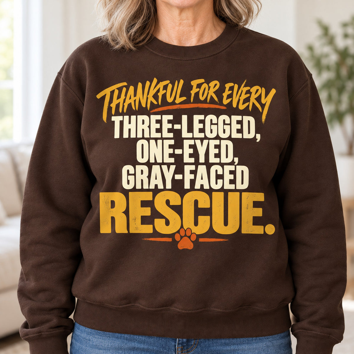 Thankful For Every Rescue sweatshirt in Dark Chocolate, close-up of the print, worn by Judy. Judy is 5′5″ and wears her usual size M. [bb c=dark-chocolate r=close]