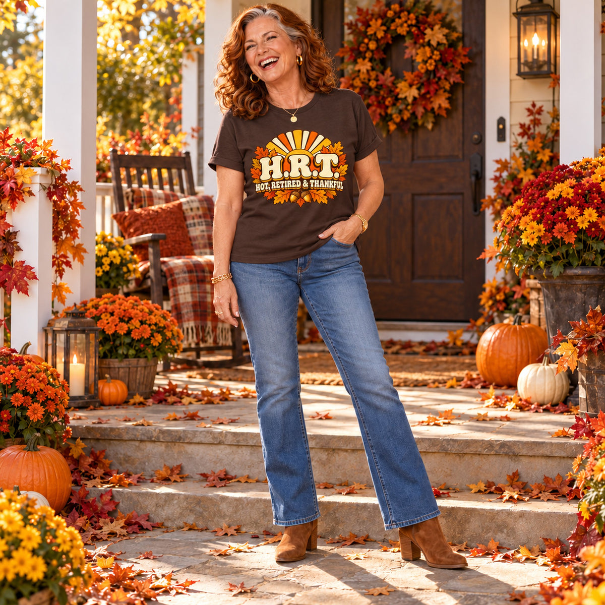 H.R.T. Hot, Retired & Thankful T-shirt in Dark Chocolate, full length, worn by Patricia. Patricia is 5′5″ and wears her usual size L. [bb c=dark-chocolate r=fit]
