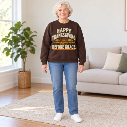 Happy Thanksgiving Before Grace sweatshirt in Dark Chocolate, full length, worn by Helen. Helen is 5′5″ and wears her usual size M. [bb c=dark-chocolate r=fit]