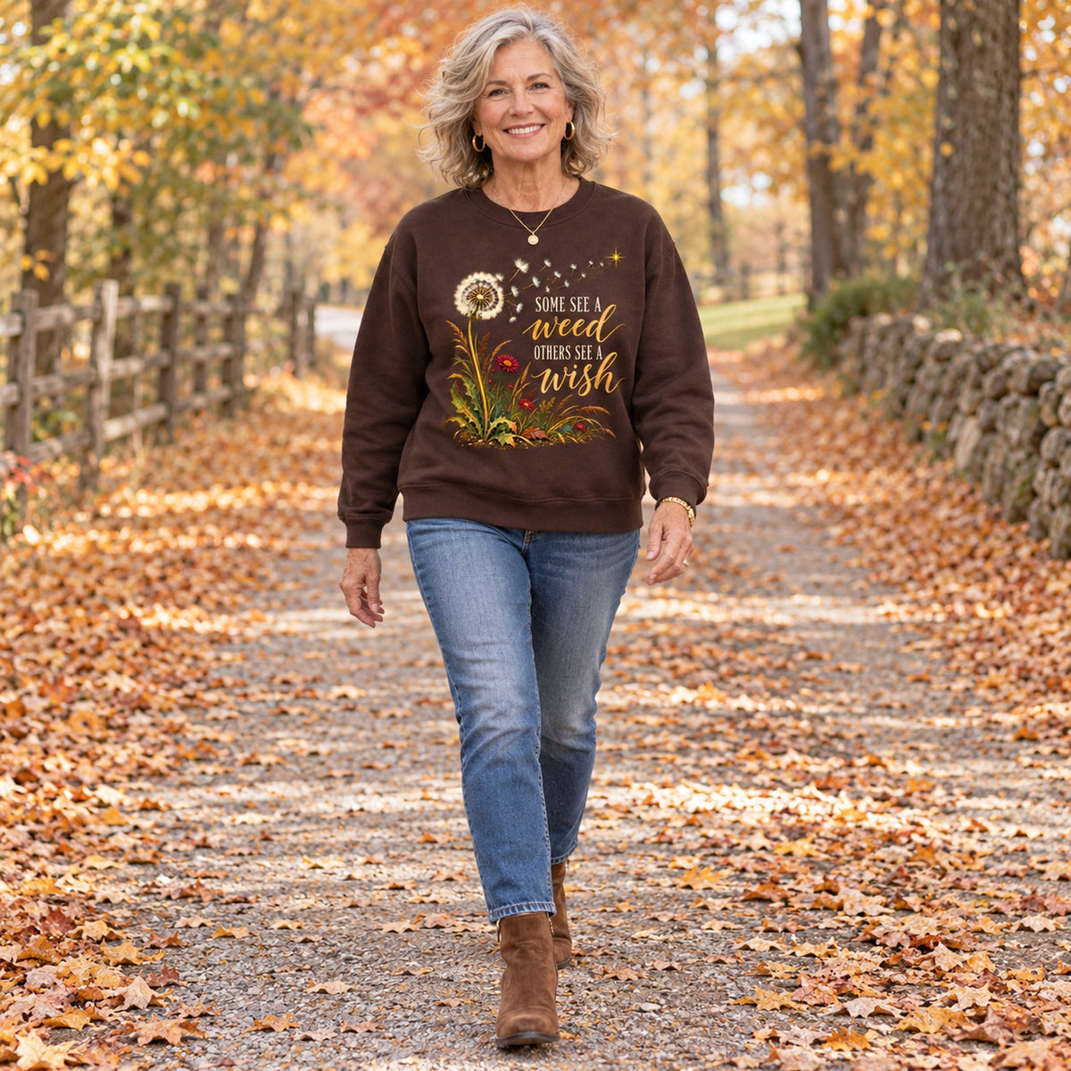 Some See A Weed sweatshirt in Dark Chocolate, full length, worn by Joan. Joan is 5′4″ and wears her usual size L. [bb c=dark-chocolate r=fit]