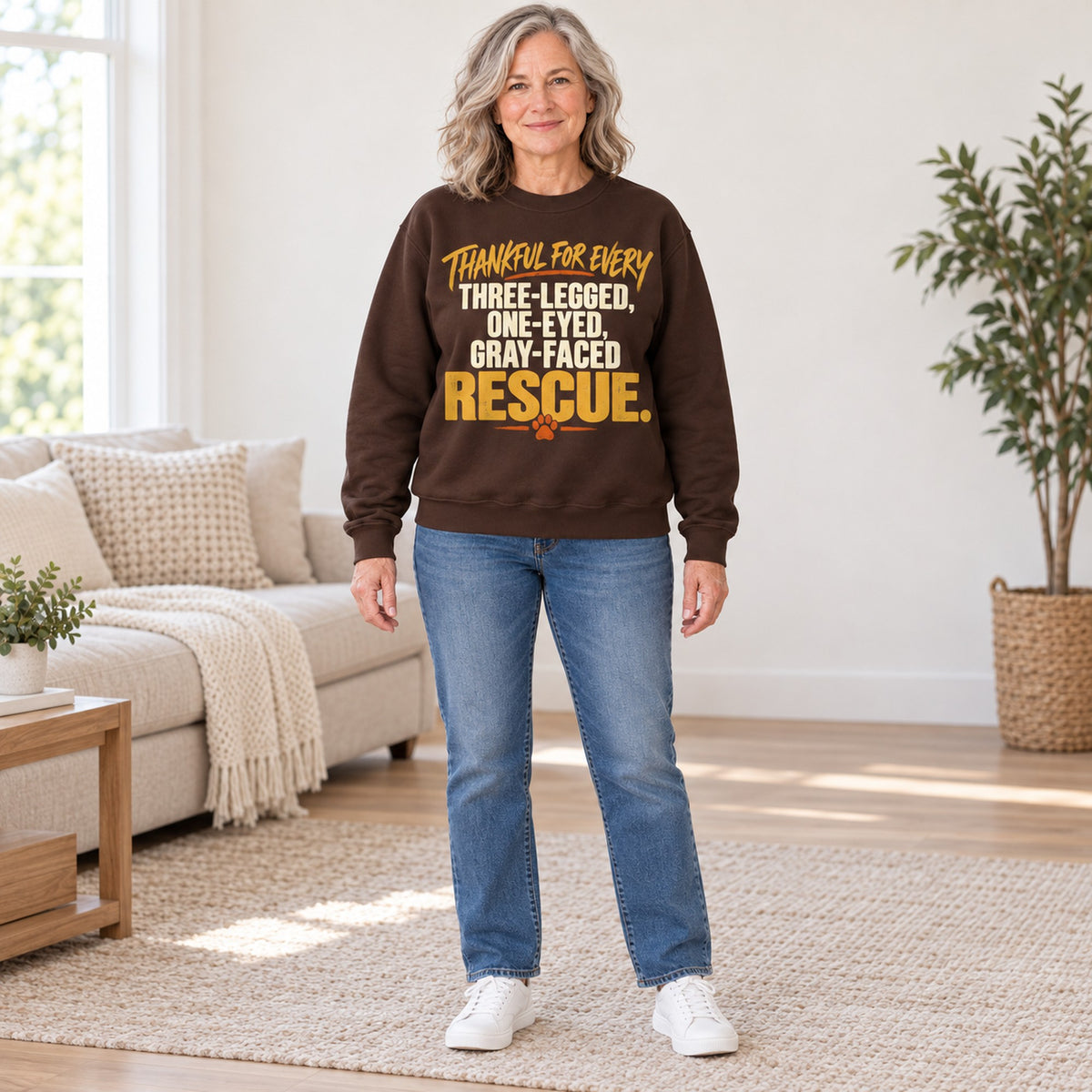 Thankful For Every Rescue sweatshirt in Dark Chocolate, full length, worn by Judy. Judy is 5′5″ and wears her usual size M. [bb c=dark-chocolate r=fit]