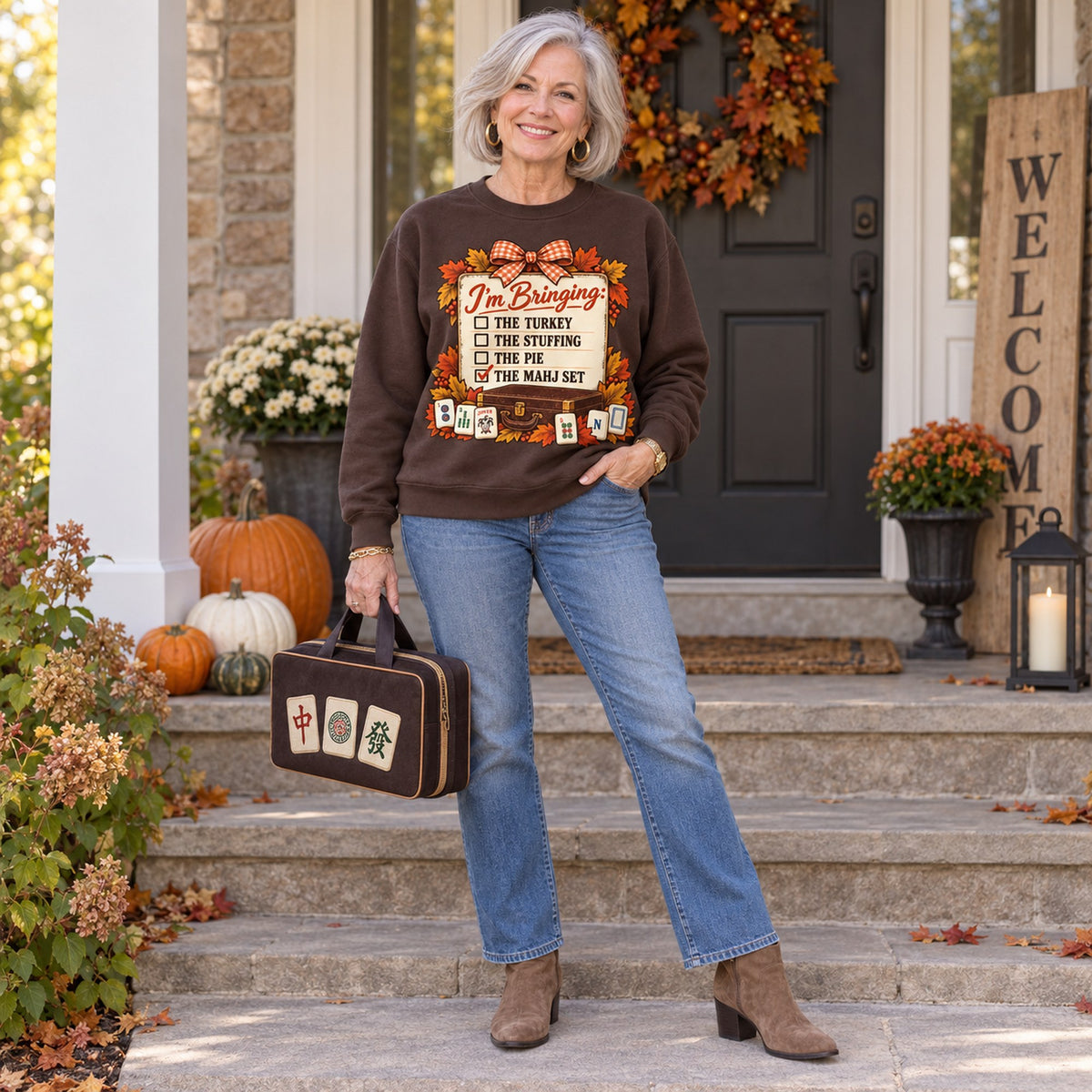 I'm Bringing The Mahj Set sweatshirt in Dark Chocolate, full length, worn by Elaine. Elaine is 5′5″ and wears her usual size M. [bb c=dark-chocolate r=fit]