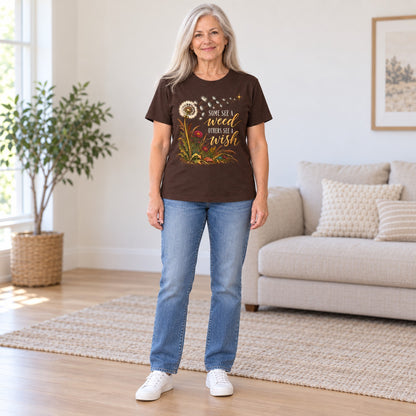 Some See A Weed T-shirt in Dark Chocolate, full length, worn by Nancy. Nancy is 5′7″ and wears her usual size M. [bb c=dark-chocolate r=fit]