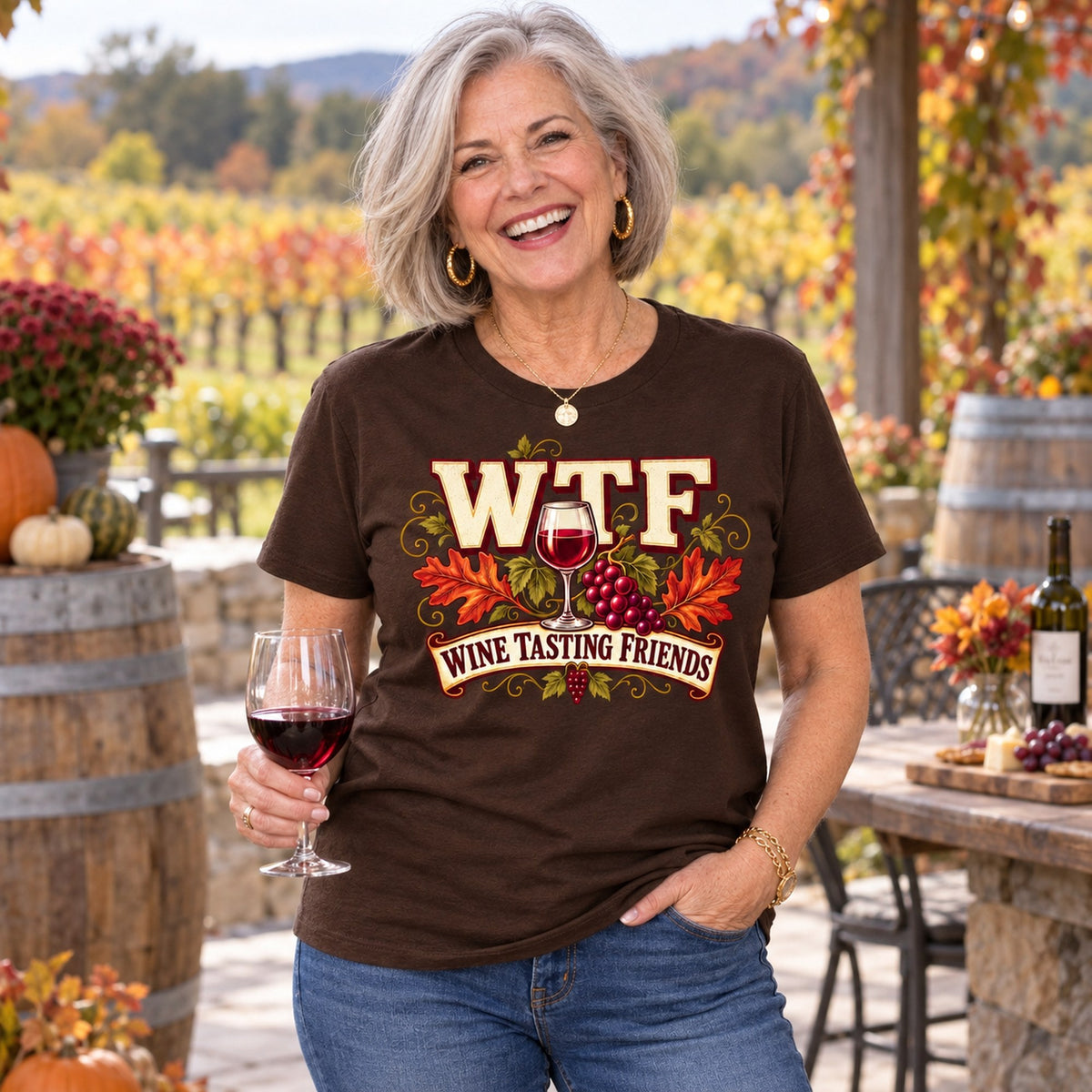 WTF Wine Tasting Friends T-shirt in Dark Chocolate, worn by Susan. Susan is 5′4″ and wears her usual size L. [bb c=dark-chocolate r=hero]