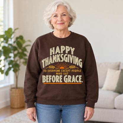 Happy Thanksgiving Before Grace sweatshirt in Dark Chocolate, worn by Helen. Helen is 5′5″ and wears her usual size M. [bb c=dark-chocolate r=hero]