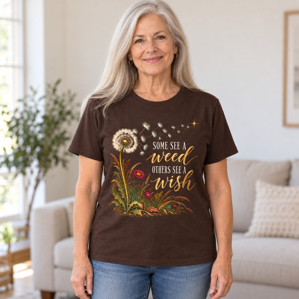 Some See A Weed T-shirt in Dark Chocolate, worn by Nancy. Nancy is 5′7″ and wears her usual size M. [bb c=dark-chocolate r=hero]