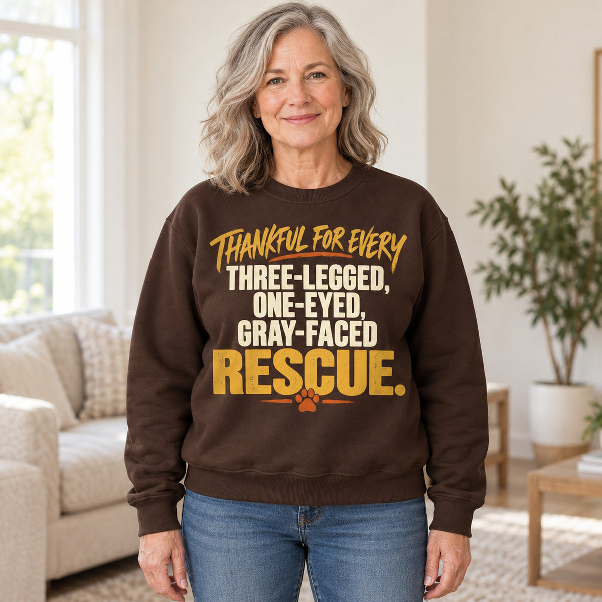 Thankful For Every Rescue sweatshirt in Dark Chocolate, worn by Judy. Judy is 5′5″ and wears her usual size M. [bb c=dark-chocolate r=hero]