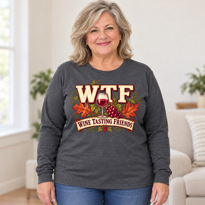 WTF Wine Tasting Friends long sleeve in Dark Heather, worn by Joyce. Joyce is 5′4″ and wears her usual size 2XL. [bb c=dark-heather r=body2]
