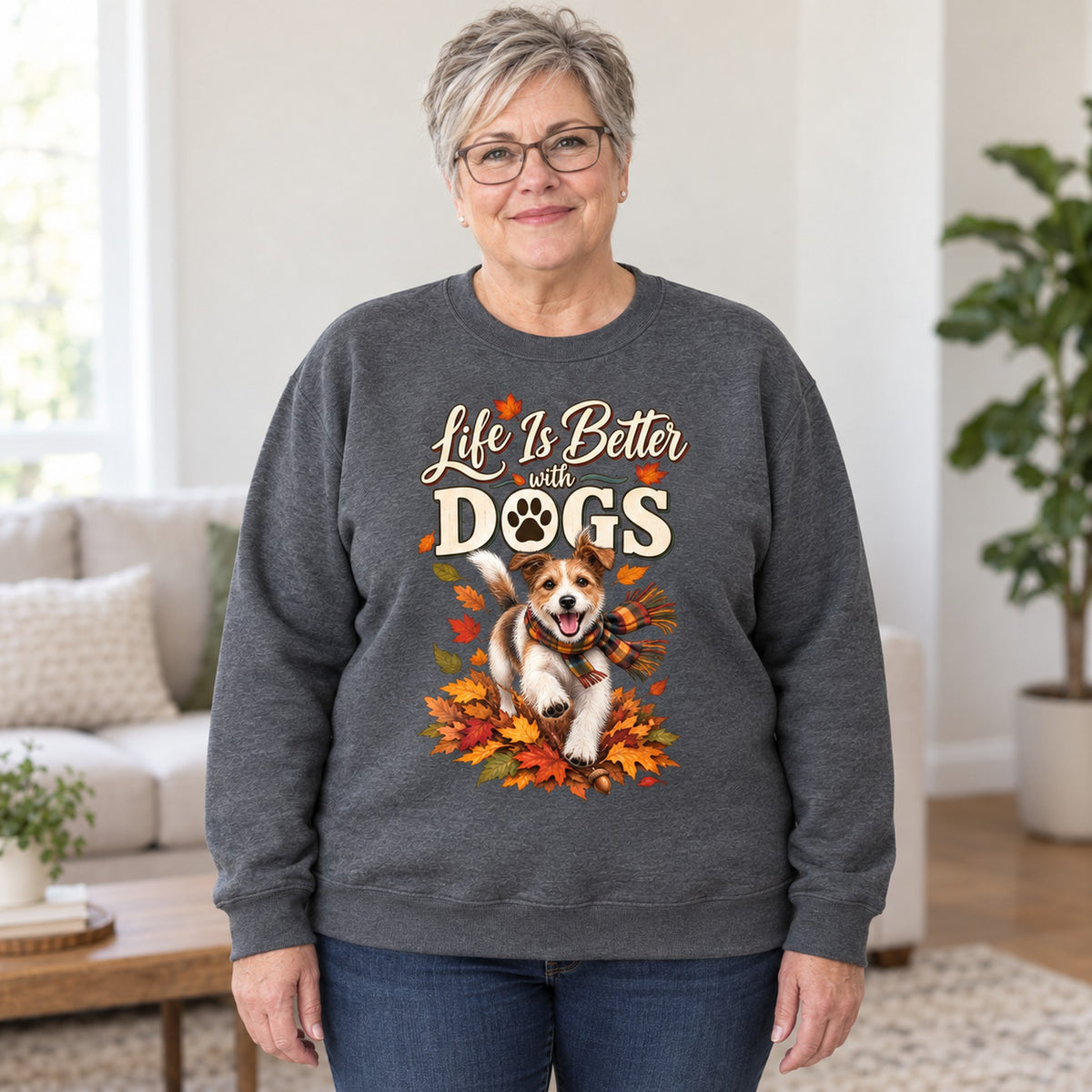 Life Is Better With Dogs sweatshirt in Dark Heather, worn by Bev. Bev is 5′4″ and wears her usual size 2XL. [bb c=dark-heather r=body2]