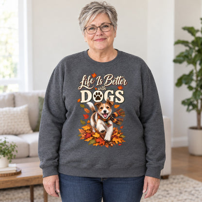 Life Is Better With Dogs sweatshirt in Dark Heather, worn by Bev. Bev is 5′4″ and wears her usual size 2XL. [bb c=dark-heather r=body2]