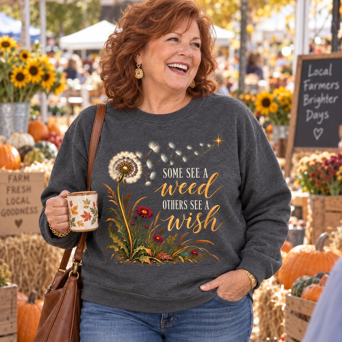Some See A Weed sweatshirt in Dark Heather, worn by Terri. Terri is 5′6″ and wears her usual size 2XL. [bb c=dark-heather r=body2]